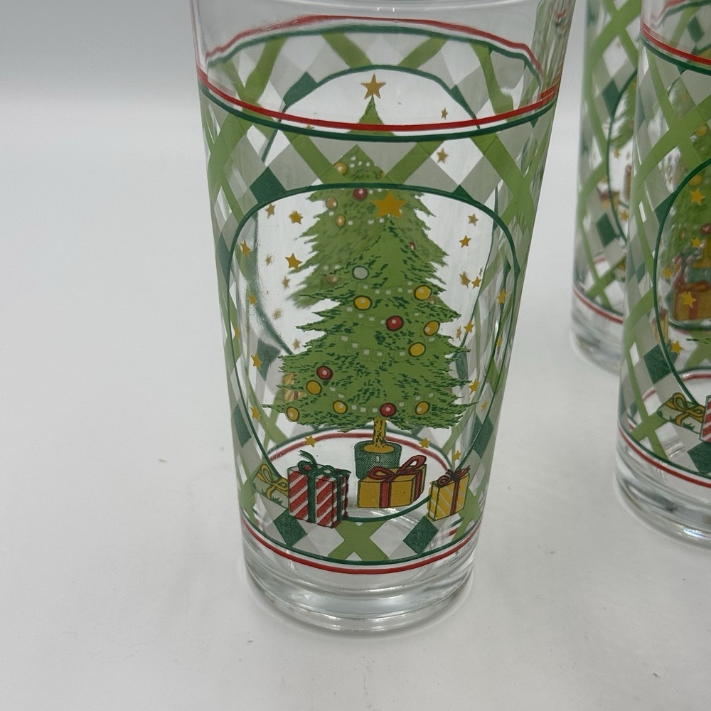 Vintage Christmas Tree Glasses‎ Tumblers Set 4 KIG Indonesia Plaid 6" Tall
